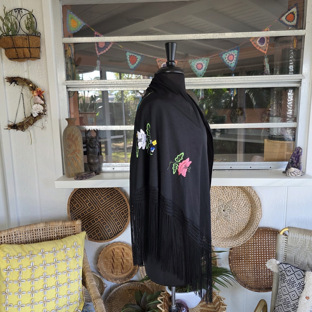 Vintage Boho Chic Fringe Black Floral Embroidered Wrap Triangle Scarf - Picture 7 of 13